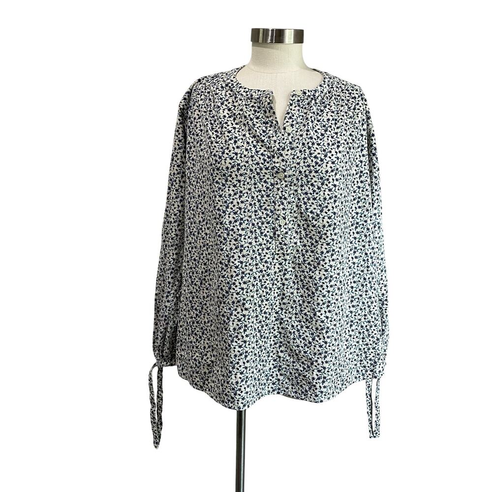 Old Navy Blue Ivory Ditsy Floral Corduroy Tie Sleeve Top Size XL